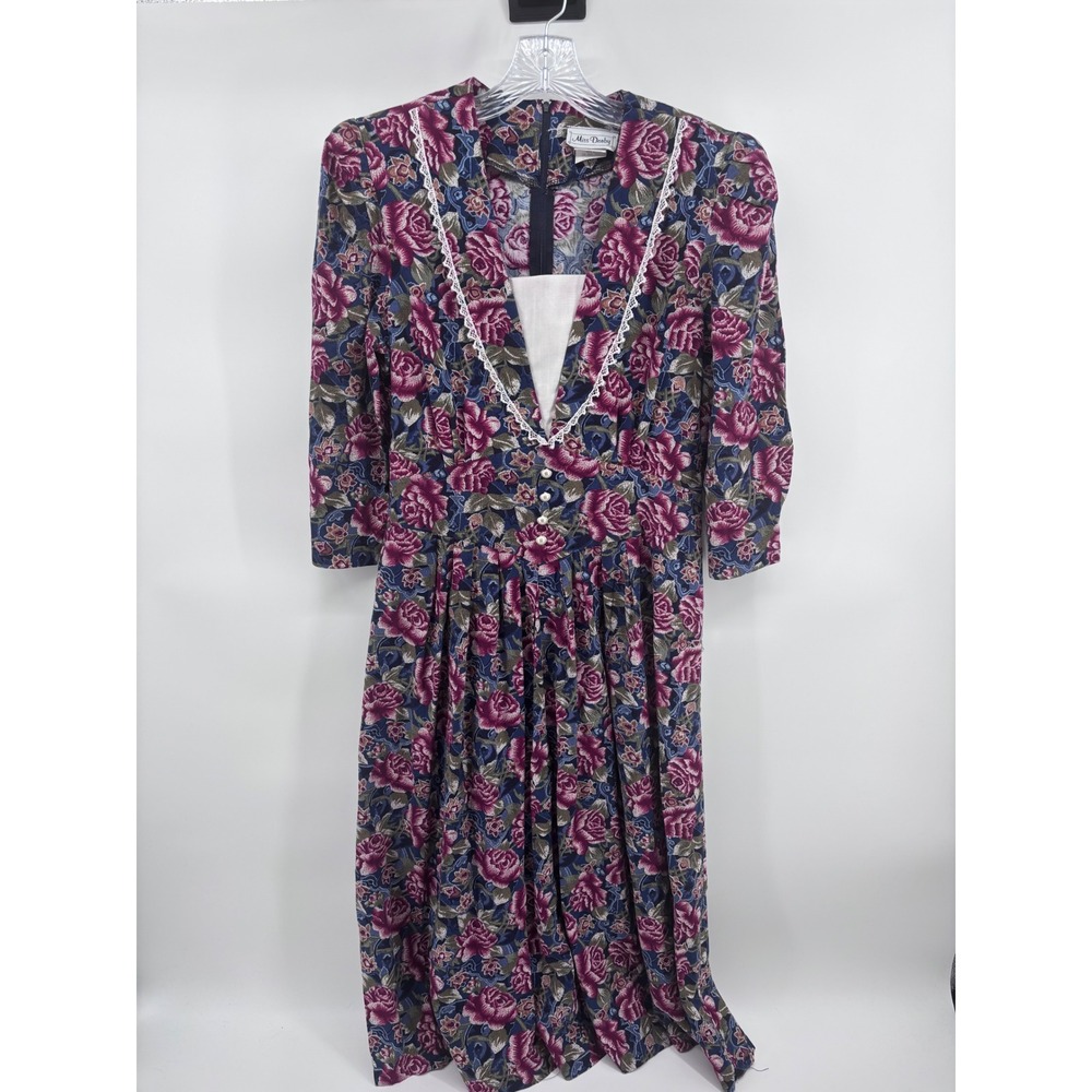Vintage Miss Dorby Floral Midi Dress Rose Print Lace Trim Cottagecore